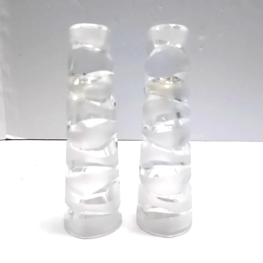 Pair JG Durand Art Deco Clear/Satin Frosted Candlesticks‎ for Taper Candles